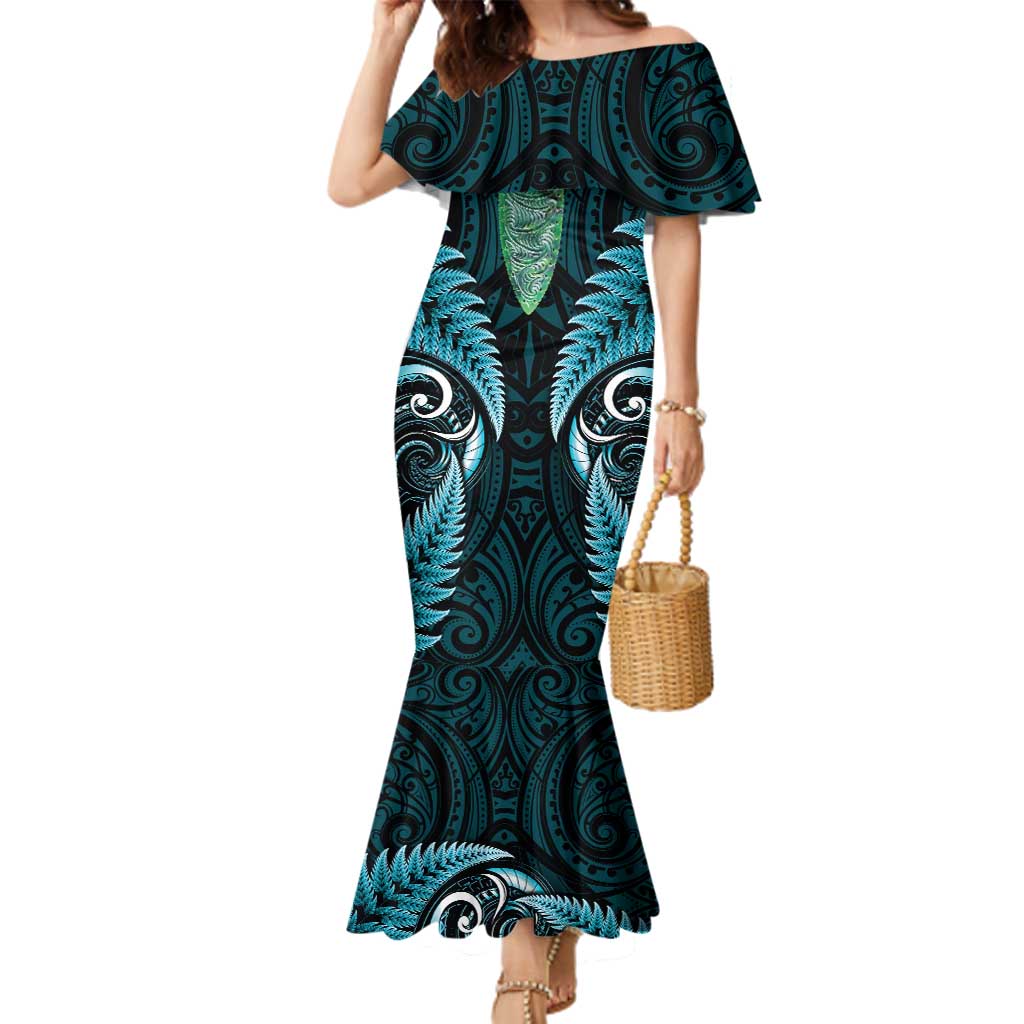 Aotearoa Pounamu Niho Family Matching Mermaid Dress and Hawaiian Shirt Silver Fern Mix Maori Pattern - Turquoise