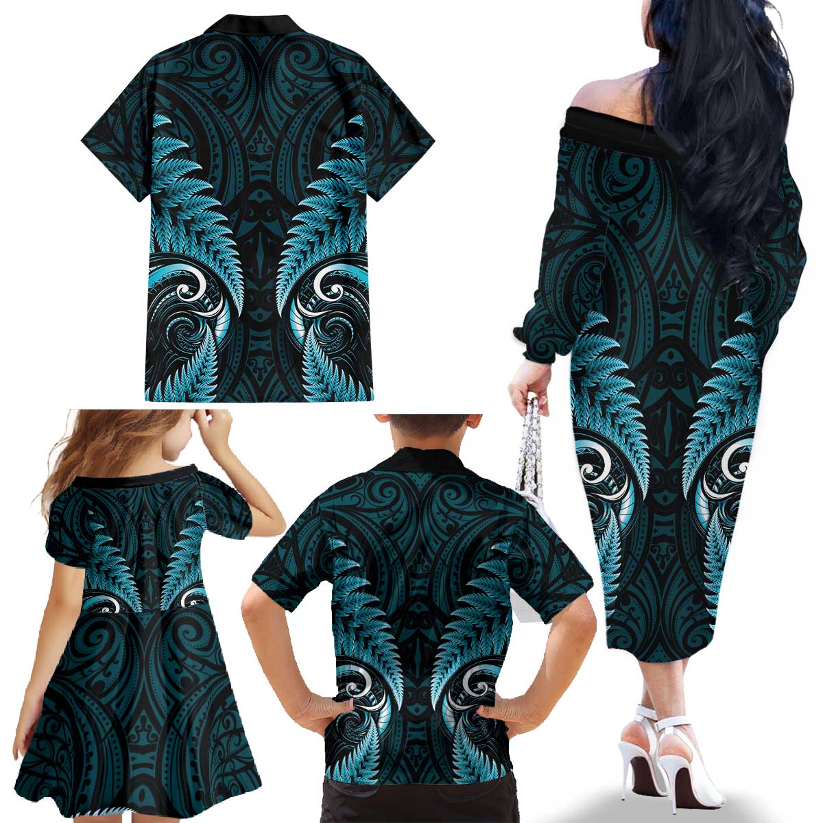 Aotearoa Pounamu Niho Family Matching Off The Shoulder Long Sleeve Dress and Hawaiian Shirt Silver Fern Mix Maori Pattern - Turquoise