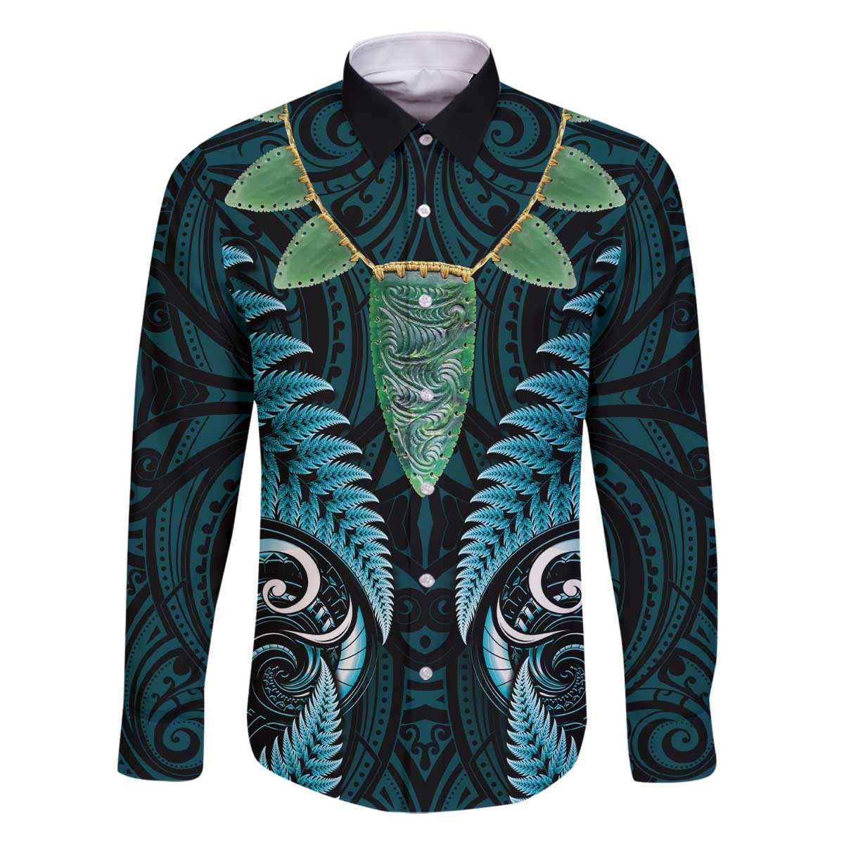 Aotearoa Pounamu Niho Family Matching Off The Shoulder Long Sleeve Dress and Hawaiian Shirt Silver Fern Mix Maori Pattern - Turquoise