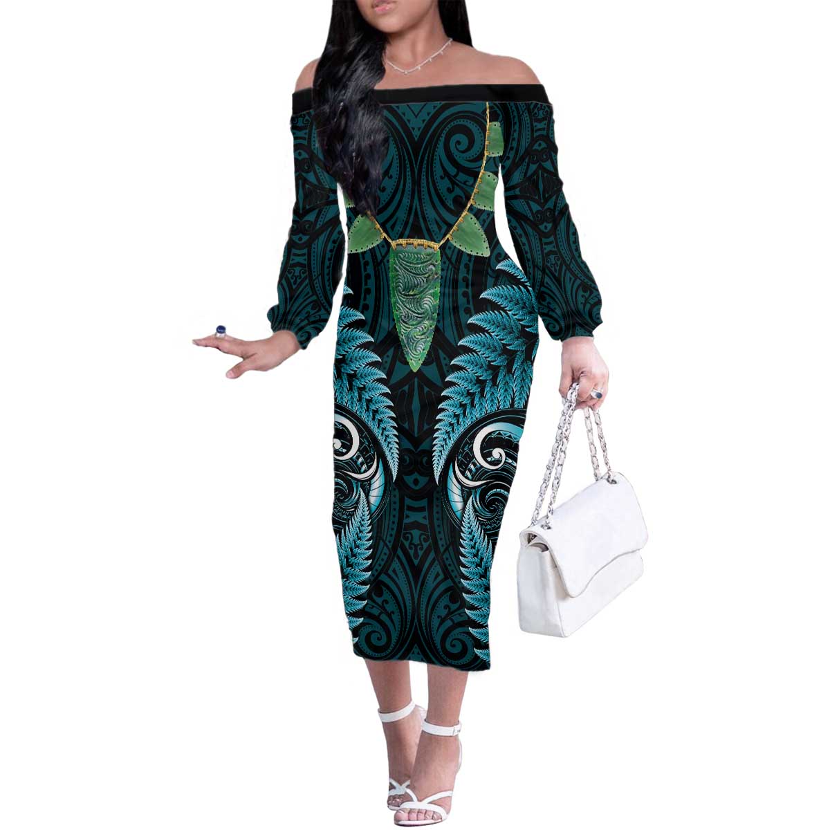 Aotearoa Pounamu Niho Family Matching Off The Shoulder Long Sleeve Dress and Hawaiian Shirt Silver Fern Mix Maori Pattern - Turquoise