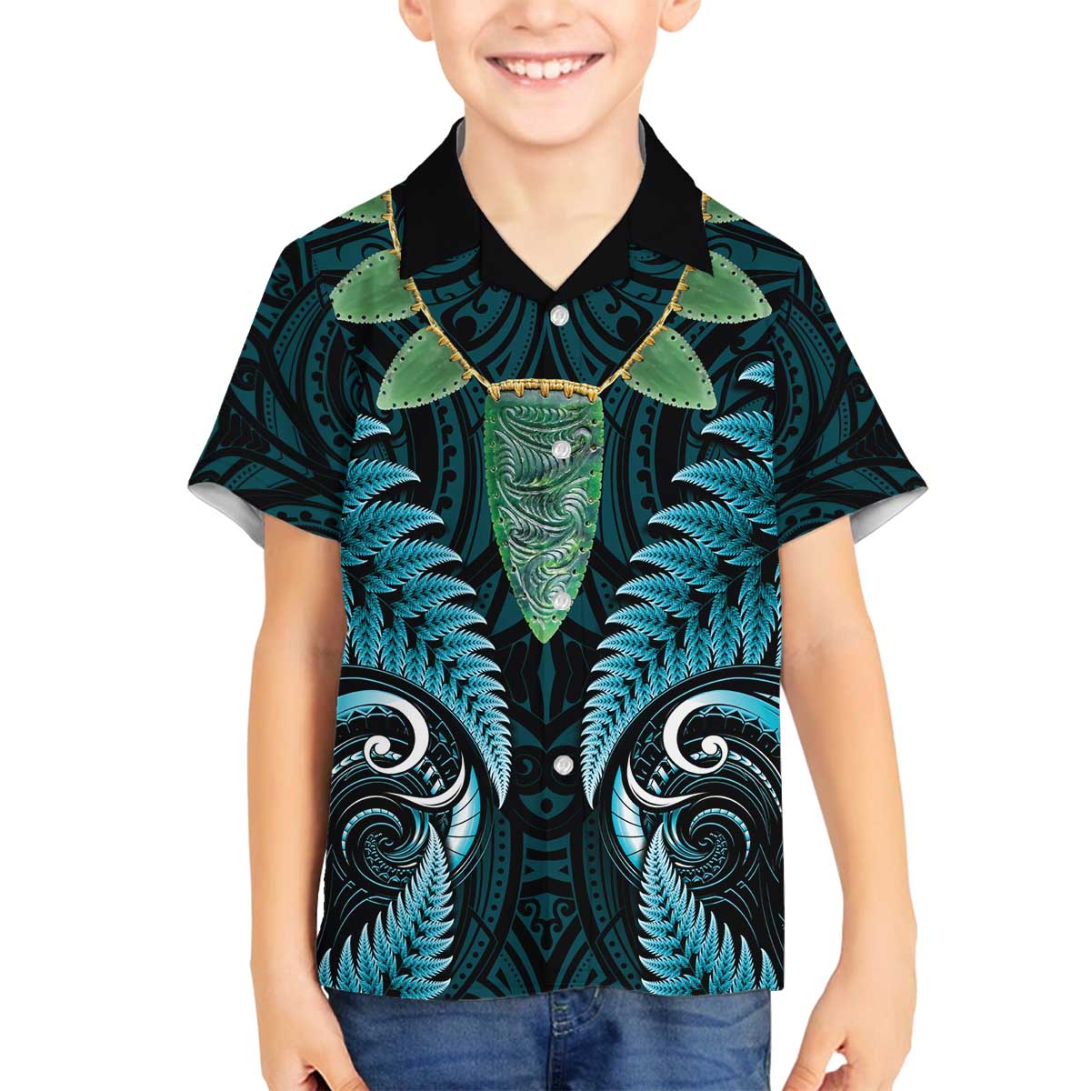 Aotearoa Pounamu Niho Family Matching Off The Shoulder Long Sleeve Dress and Hawaiian Shirt Silver Fern Mix Maori Pattern - Turquoise