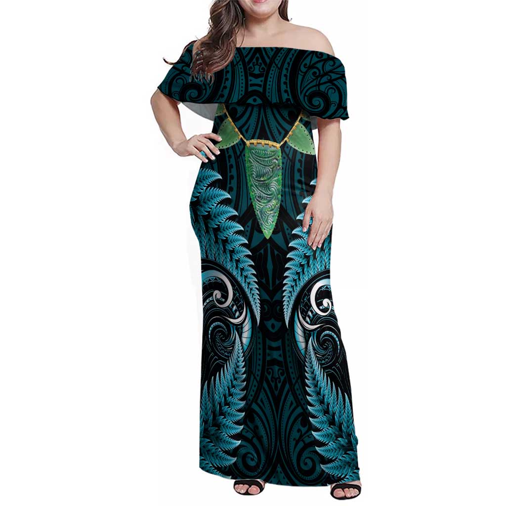 Aotearoa Pounamu Niho Family Matching Off Shoulder Maxi Dress and Hawaiian Shirt Silver Fern Mix Maori Pattern - Turquoise