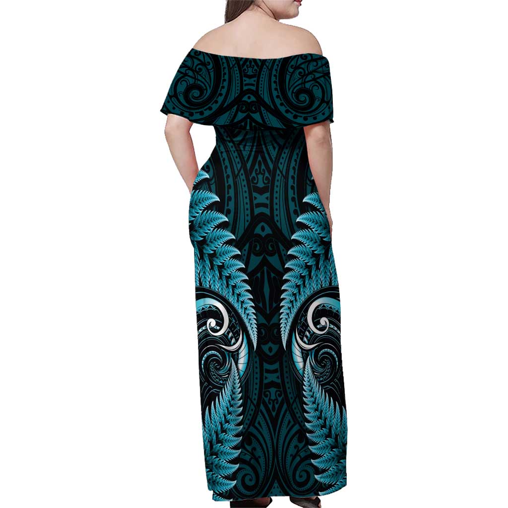 Aotearoa Pounamu Niho Family Matching Off Shoulder Maxi Dress and Hawaiian Shirt Silver Fern Mix Maori Pattern - Turquoise