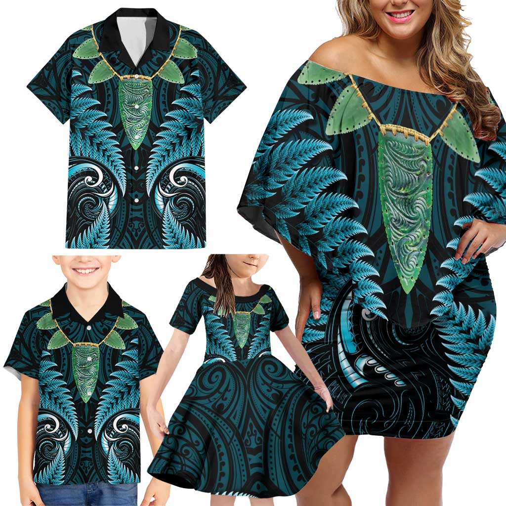 Aotearoa Pounamu Niho Family Matching Off Shoulder Short Dress and Hawaiian Shirt Silver Fern Mix Maori Pattern - Turquoise