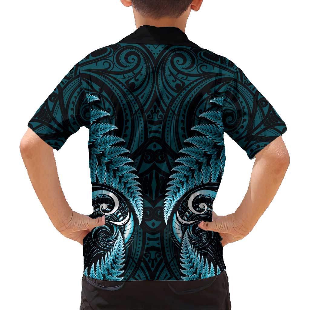 Aotearoa Pounamu Niho Family Matching Off Shoulder Short Dress and Hawaiian Shirt Silver Fern Mix Maori Pattern - Turquoise