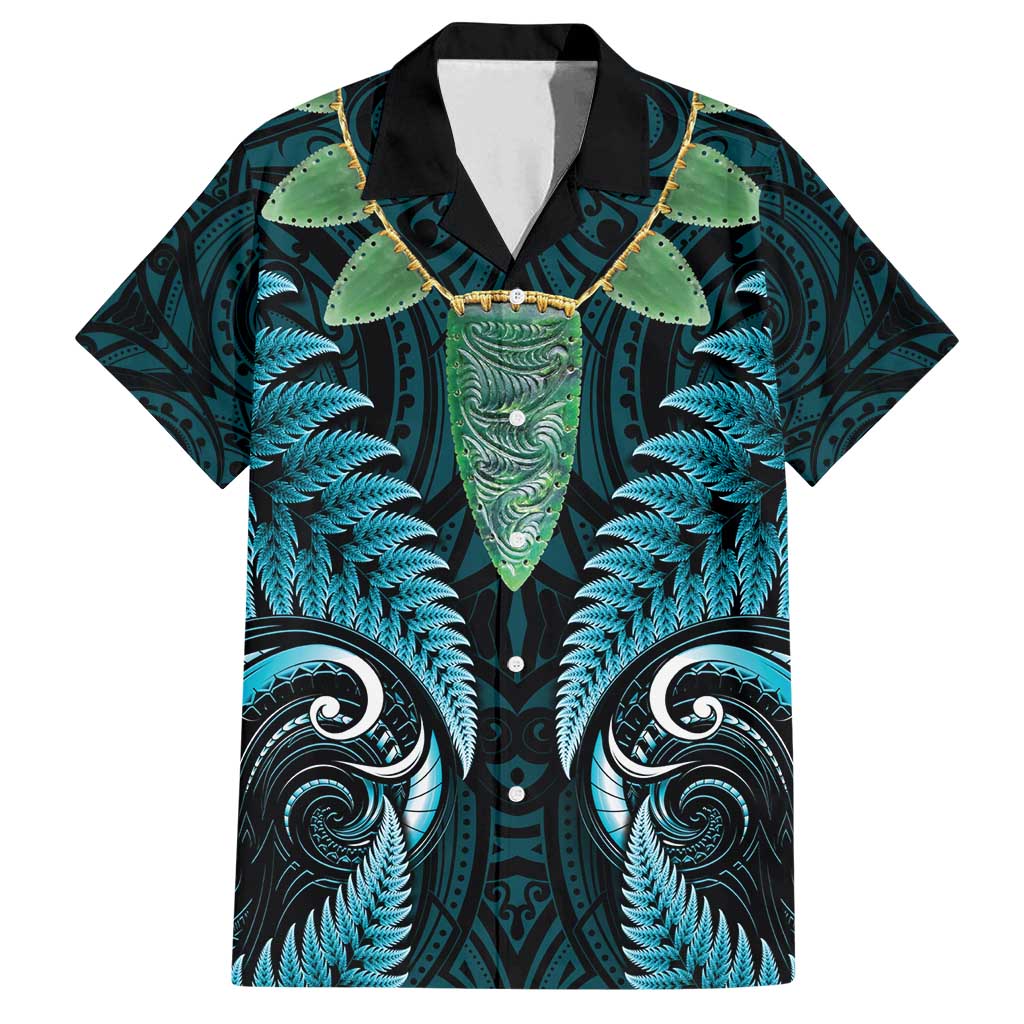 Aotearoa Pounamu Niho Family Matching Off Shoulder Short Dress and Hawaiian Shirt Silver Fern Mix Maori Pattern - Turquoise