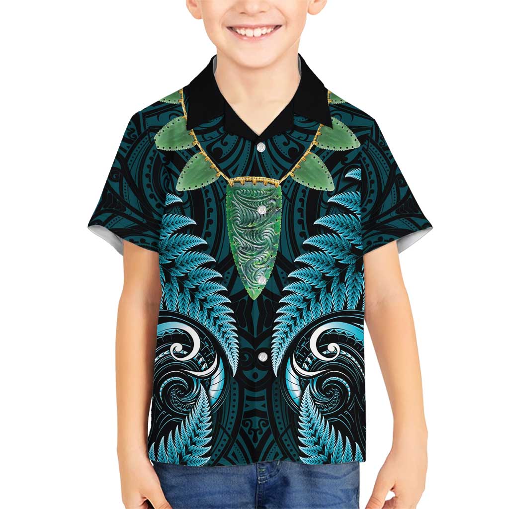 Aotearoa Pounamu Niho Family Matching Off Shoulder Short Dress and Hawaiian Shirt Silver Fern Mix Maori Pattern - Turquoise