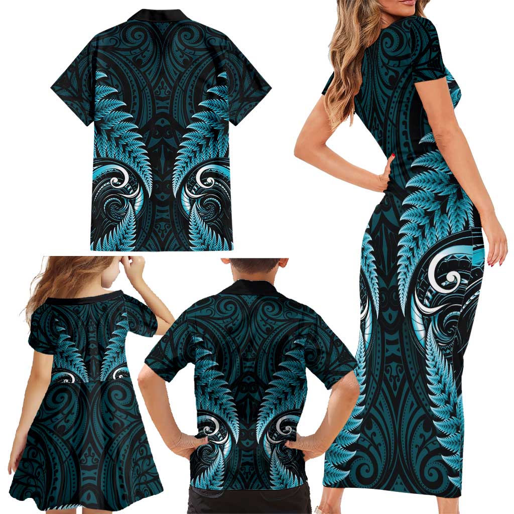 Aotearoa Pounamu Niho Family Matching Short Sleeve Bodycon Dress and Hawaiian Shirt Silver Fern Mix Maori Pattern - Turquoise