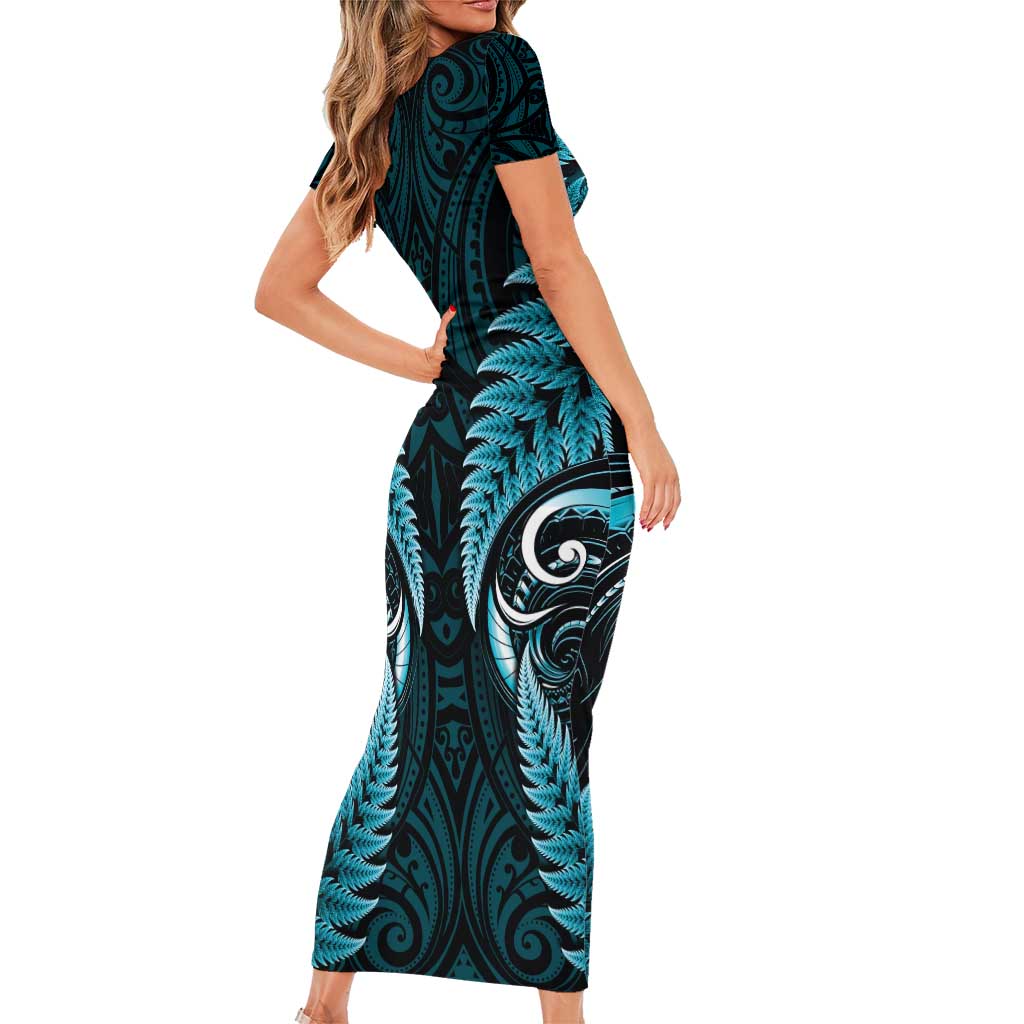 Aotearoa Pounamu Niho Family Matching Short Sleeve Bodycon Dress and Hawaiian Shirt Silver Fern Mix Maori Pattern - Turquoise