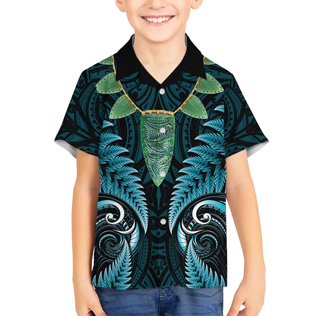 Aotearoa Pounamu Niho Family Matching Short Sleeve Bodycon Dress and Hawaiian Shirt Silver Fern Mix Maori Pattern - Turquoise