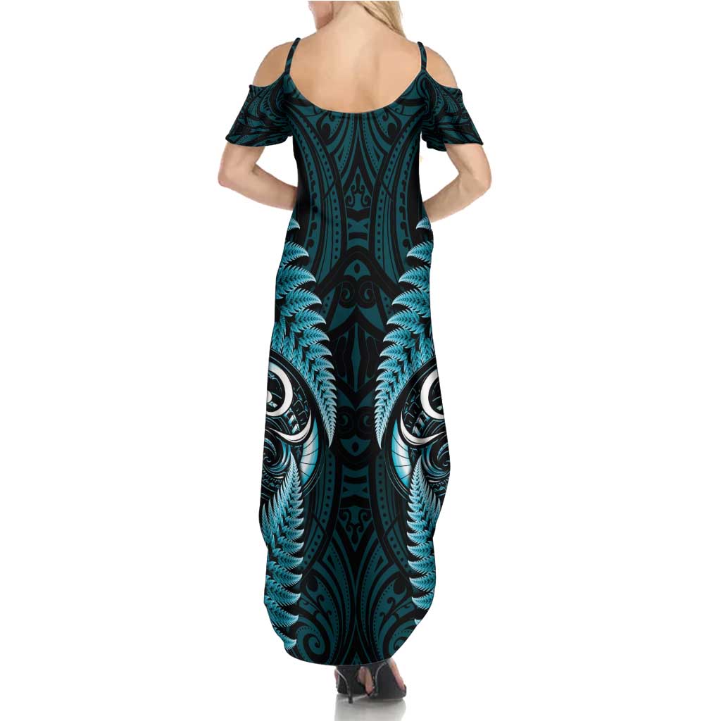 Aotearoa Pounamu Niho Family Matching Summer Maxi Dress and Hawaiian Shirt Silver Fern Mix Maori Pattern - Turquoise