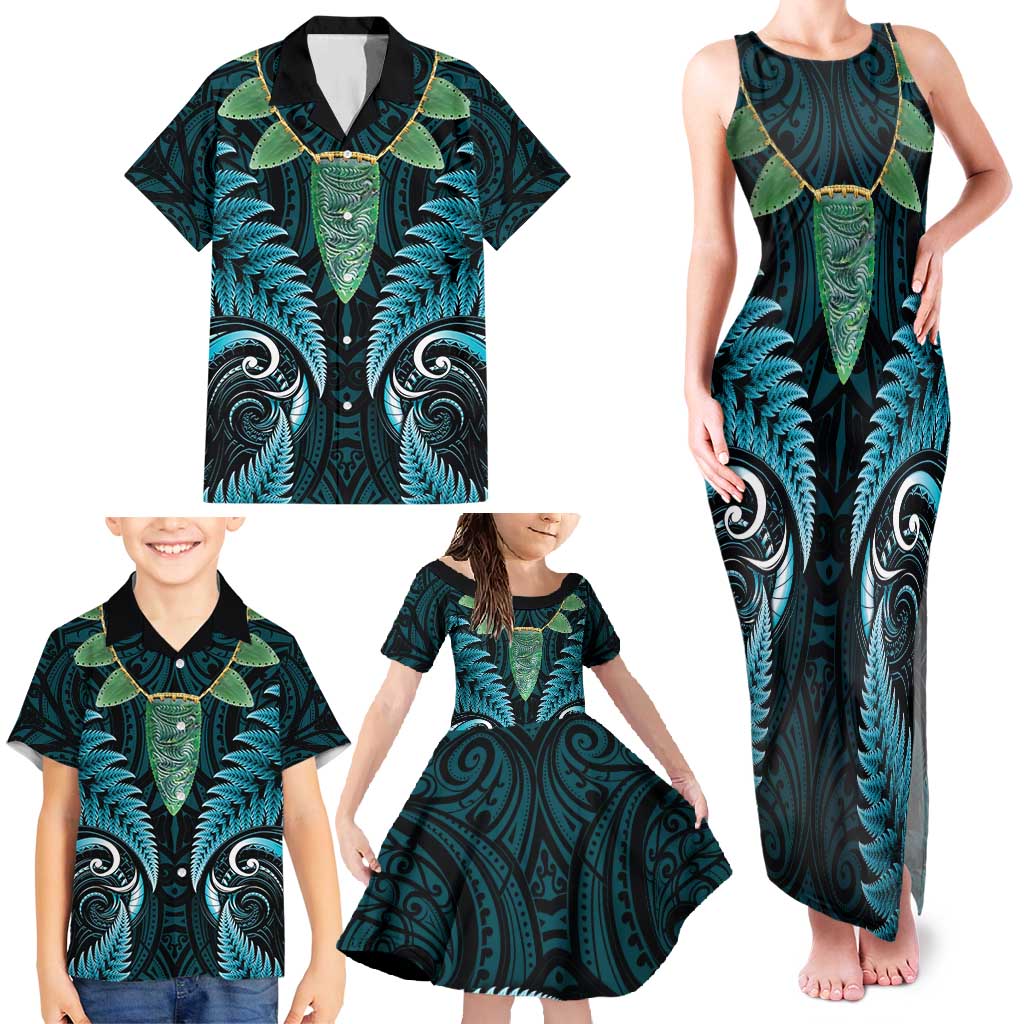 Aotearoa Pounamu Niho Family Matching Tank Maxi Dress and Hawaiian Shirt Silver Fern Mix Maori Pattern - Turquoise