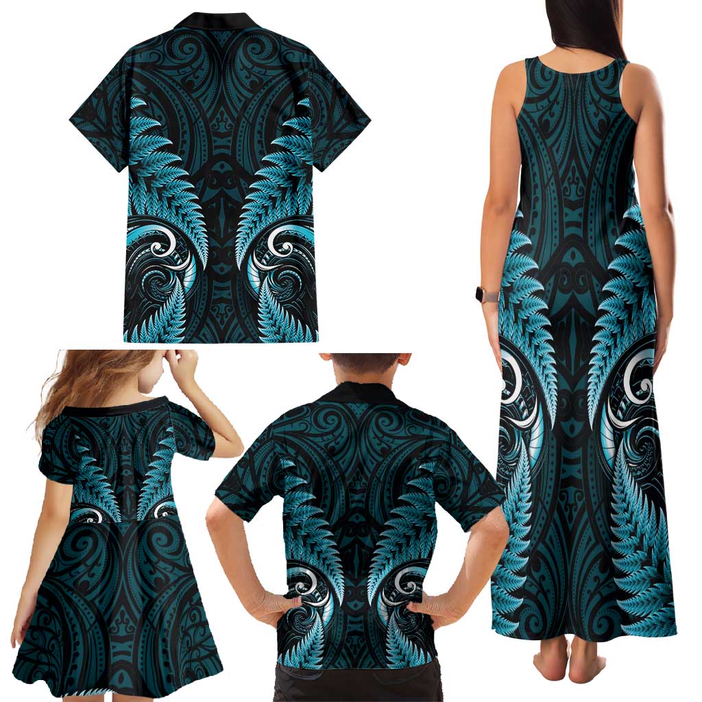 Aotearoa Pounamu Niho Family Matching Tank Maxi Dress and Hawaiian Shirt Silver Fern Mix Maori Pattern - Turquoise