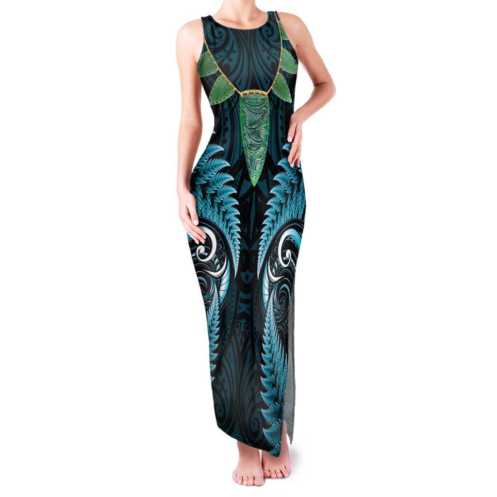 Aotearoa Pounamu Niho Family Matching Tank Maxi Dress and Hawaiian Shirt Silver Fern Mix Maori Pattern - Turquoise