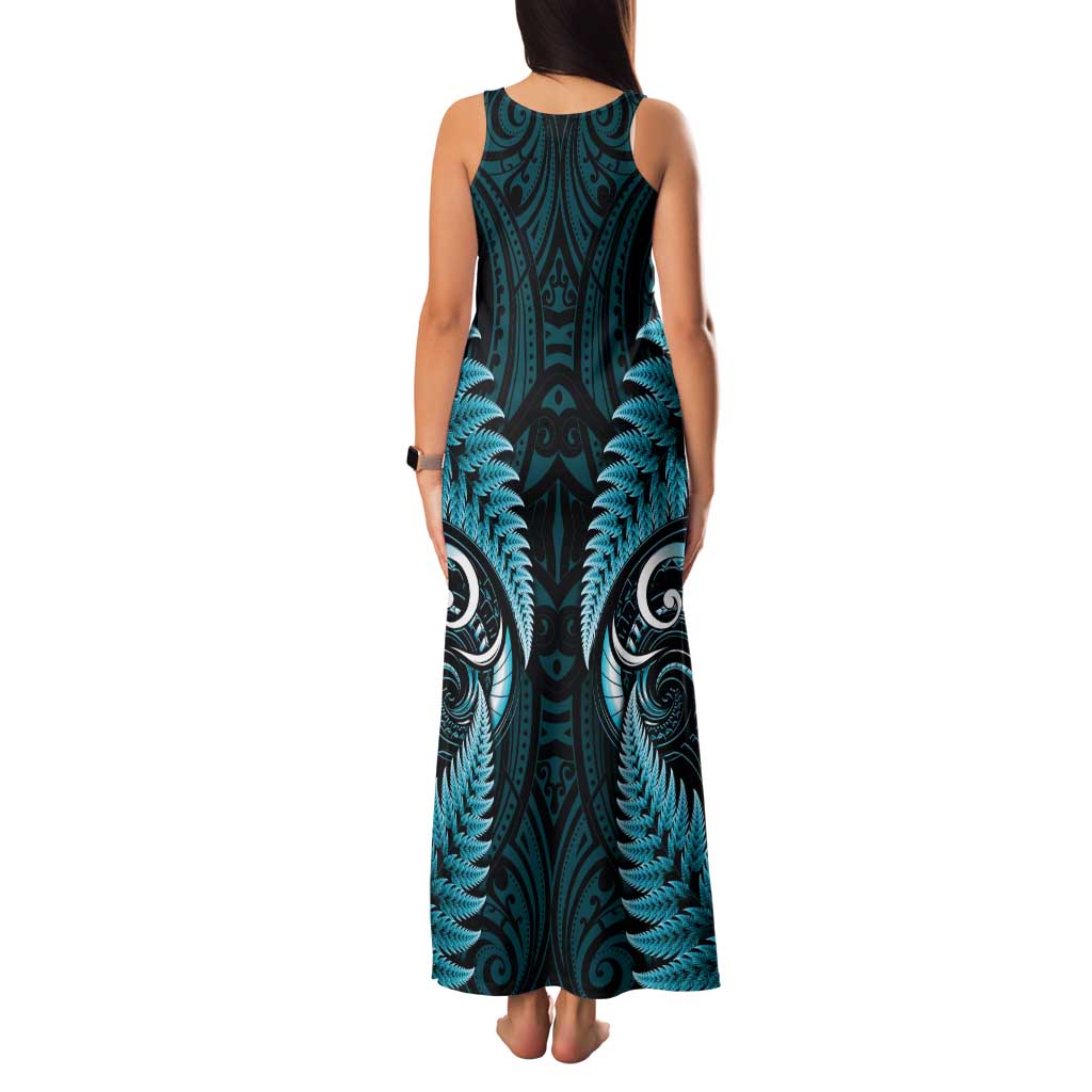 Aotearoa Pounamu Niho Family Matching Tank Maxi Dress and Hawaiian Shirt Silver Fern Mix Maori Pattern - Turquoise