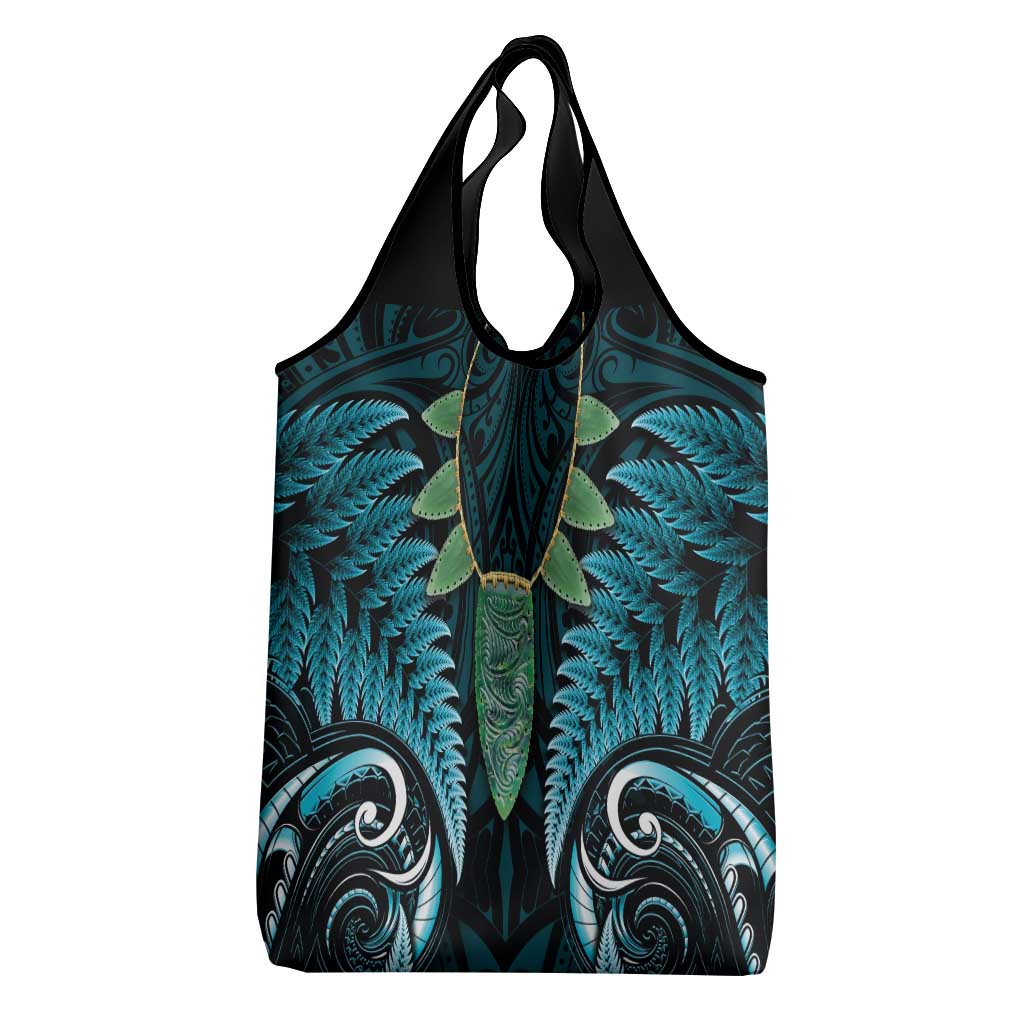 Aotearoa Pounamu Niho Grocery Bag Silver Fern Mix Maori Pattern - Turquoise