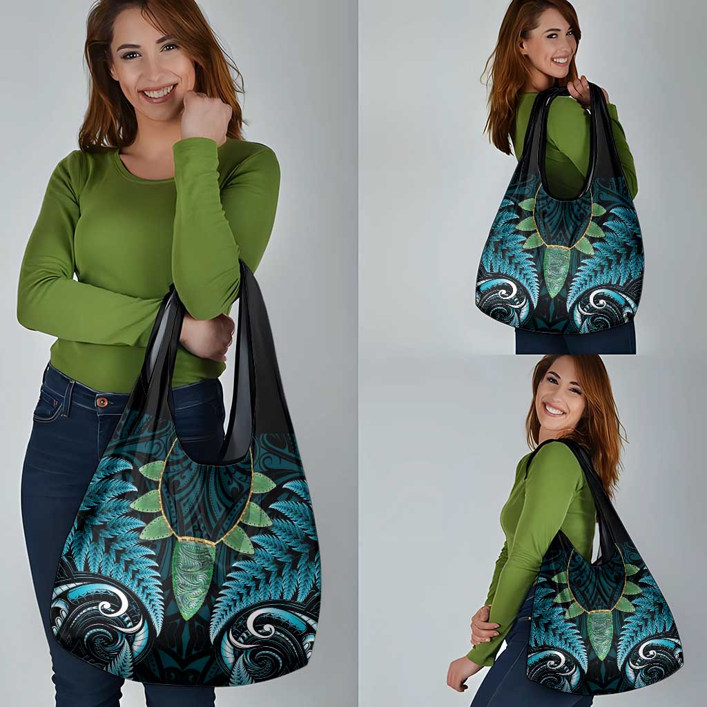 Aotearoa Pounamu Niho Grocery Bag Silver Fern Mix Maori Pattern - Turquoise