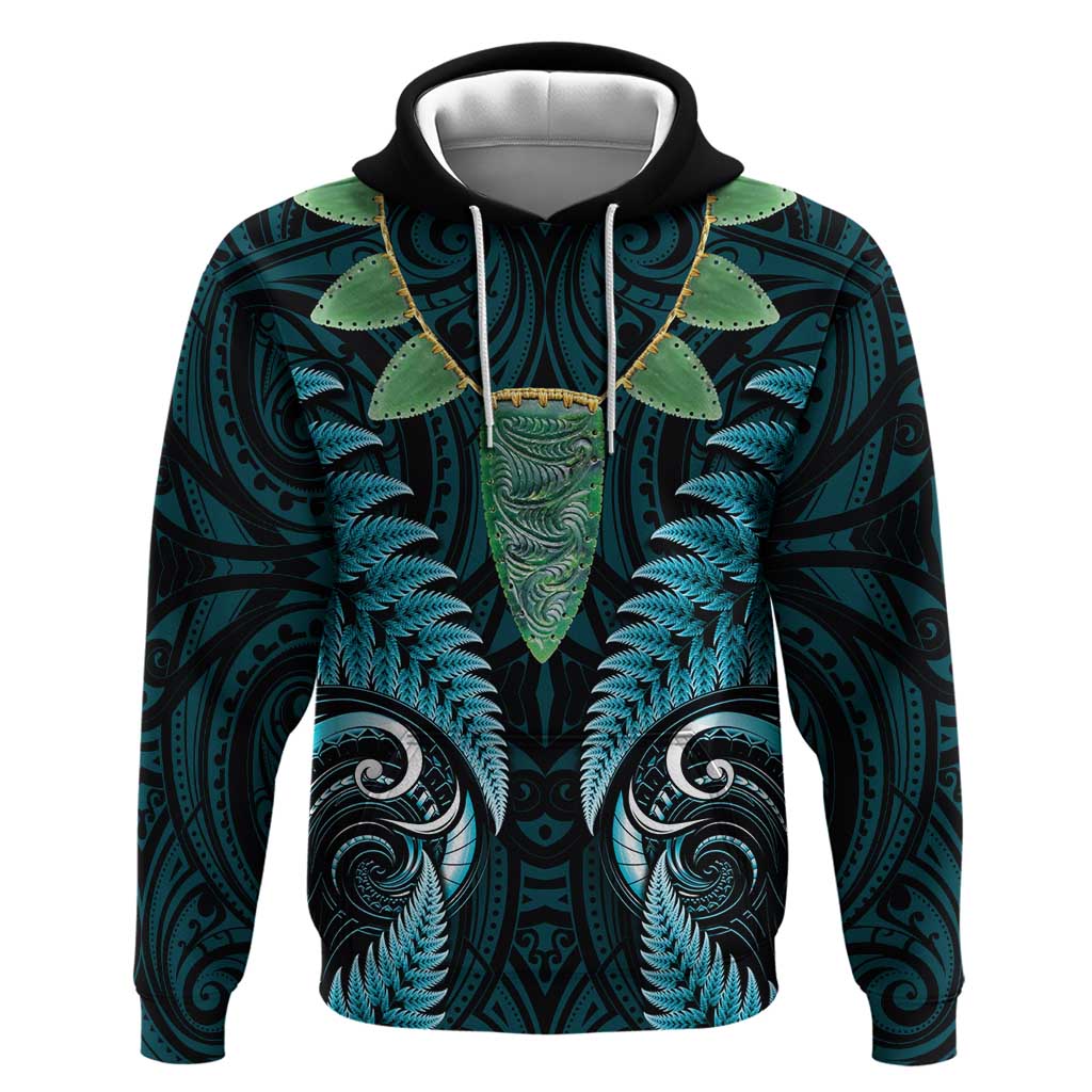 Aotearoa Pounamu Niho Hoodie Silver Fern Mix Maori Pattern - Turquoise - Vibe Hoodie Shop