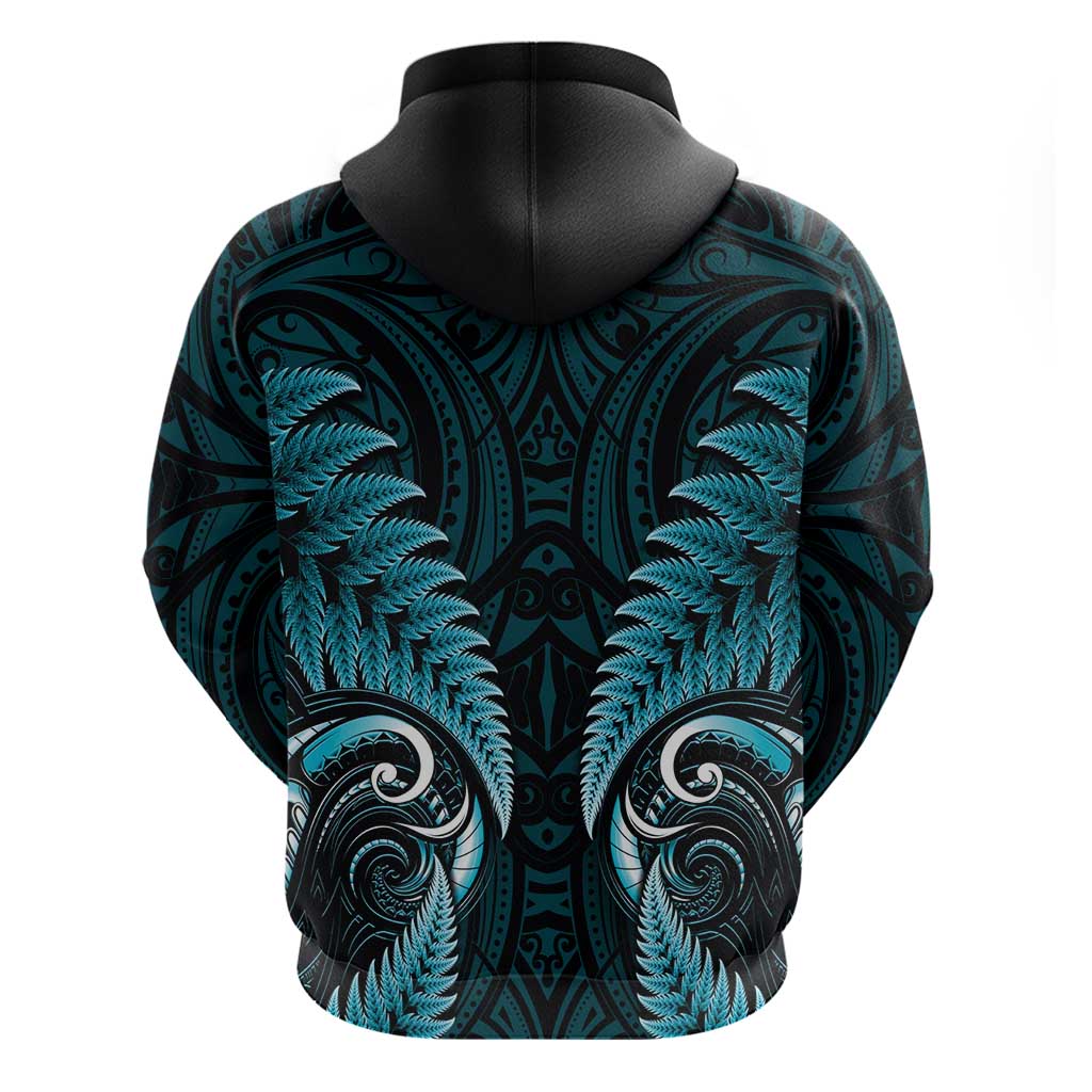 Aotearoa Pounamu Niho Hoodie Silver Fern Mix Maori Pattern - Turquoise - Vibe Hoodie Shop