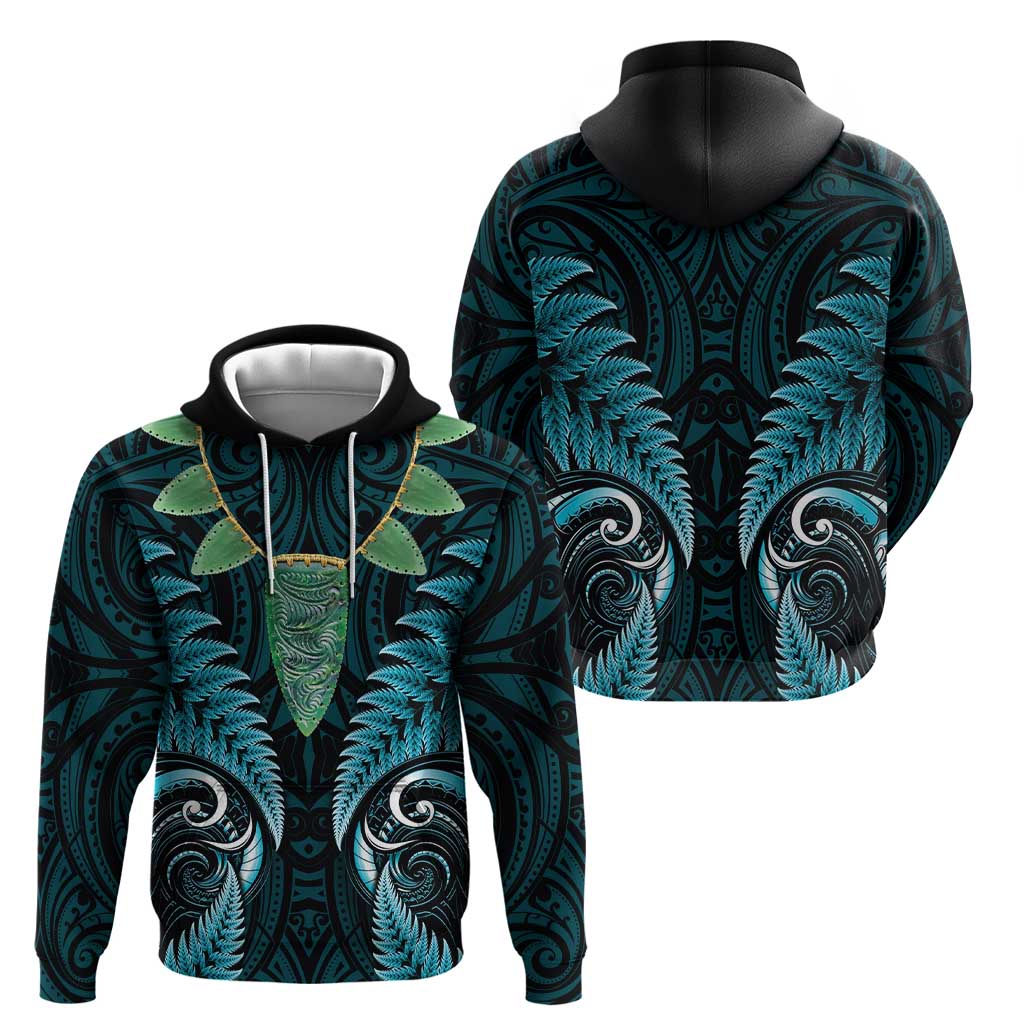 Aotearoa Pounamu Niho Hoodie Silver Fern Mix Maori Pattern - Turquoise - Vibe Hoodie Shop