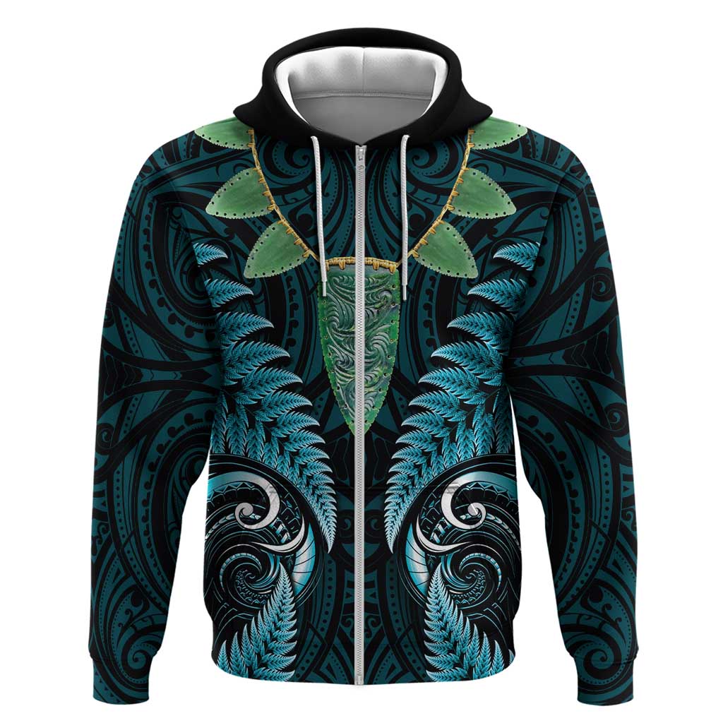 Aotearoa Pounamu Niho Hoodie Silver Fern Mix Maori Pattern - Turquoise - Vibe Hoodie Shop