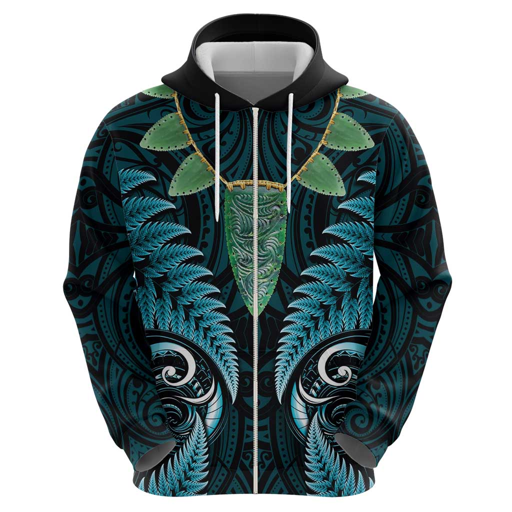 Aotearoa Pounamu Niho Hoodie Silver Fern Mix Maori Pattern - Turquoise - Vibe Hoodie Shop