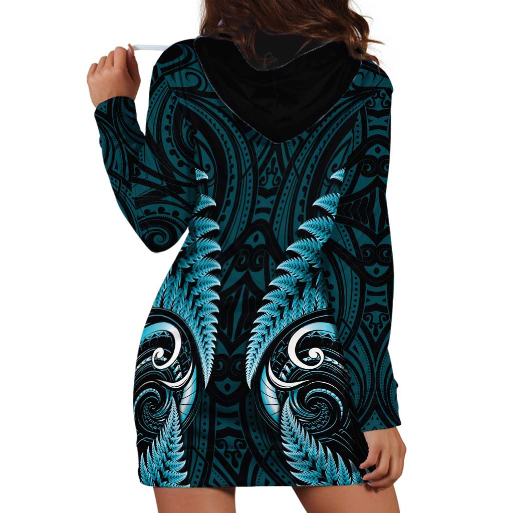 Aotearoa Pounamu Niho Hoodie Dress Silver Fern Mix Maori Pattern - Turquoise - Vibe Hoodie Shop