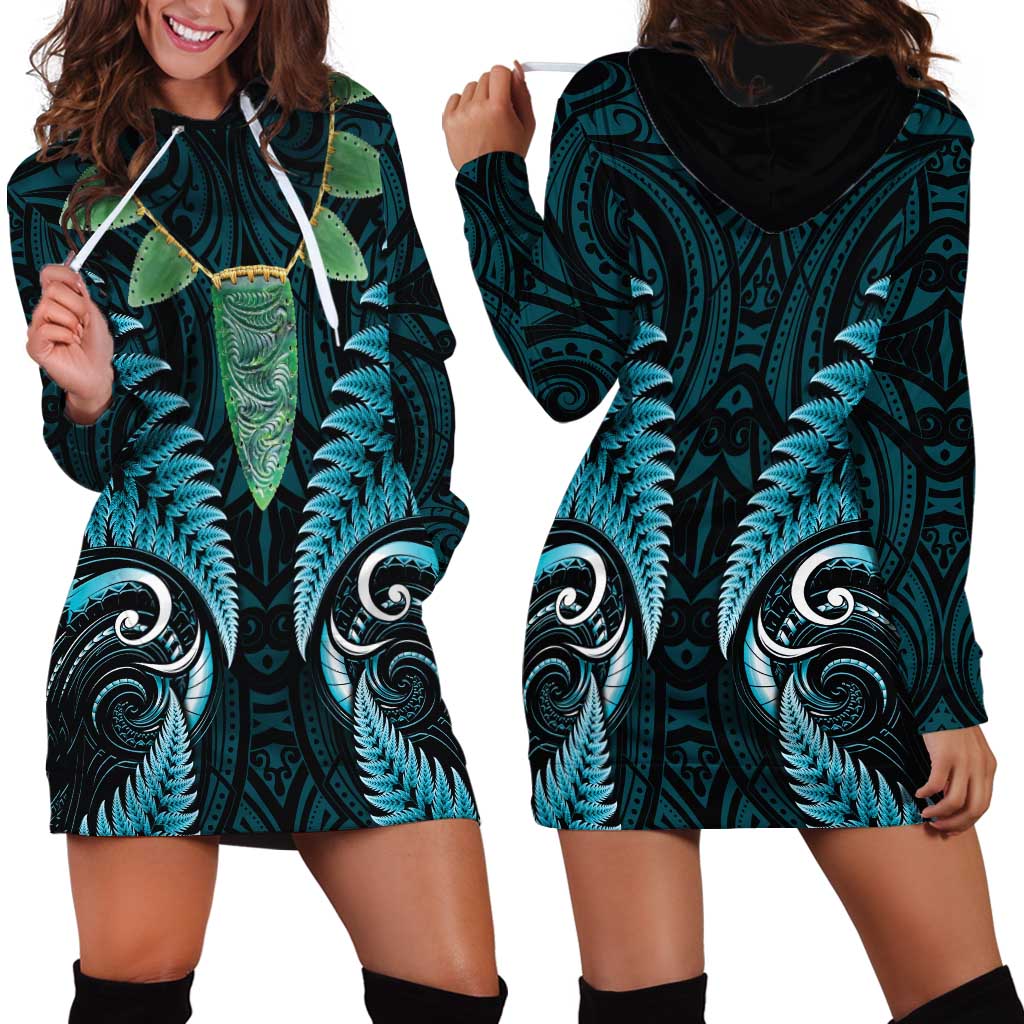 Aotearoa Pounamu Niho Hoodie Dress Silver Fern Mix Maori Pattern - Turquoise - Vibe Hoodie Shop