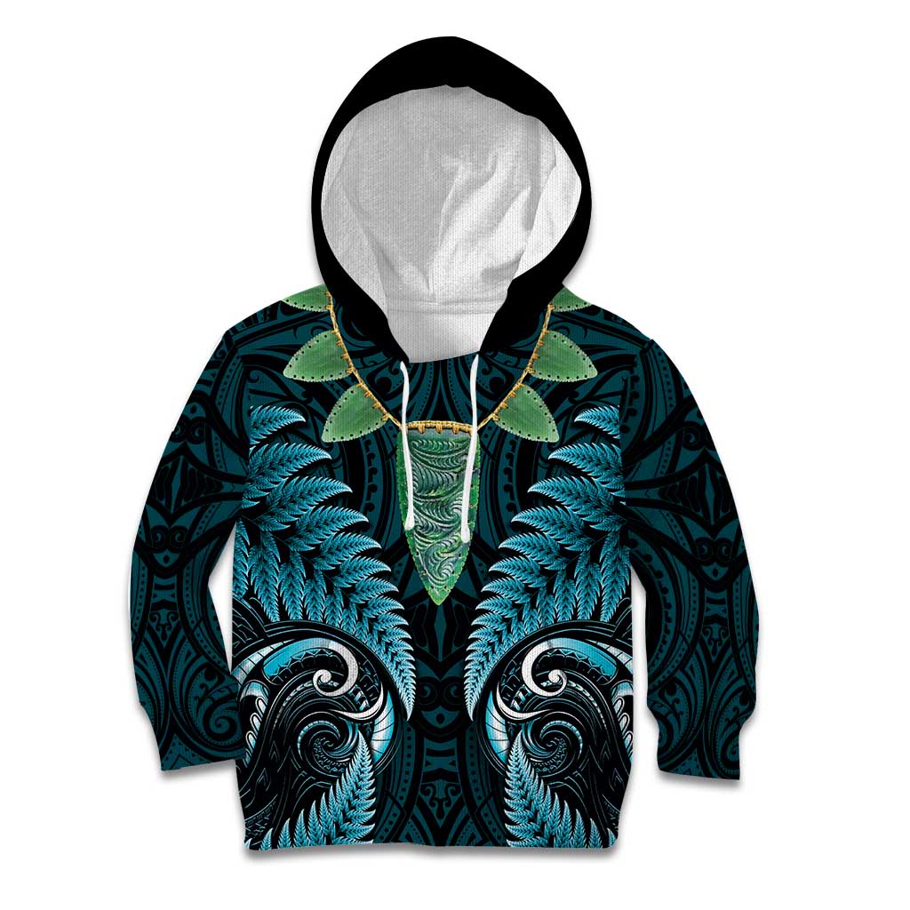 Aotearoa Pounamu Niho Kid Hoodie Silver Fern Mix Maori Pattern - Turquoise - Vibe Hoodie Shop