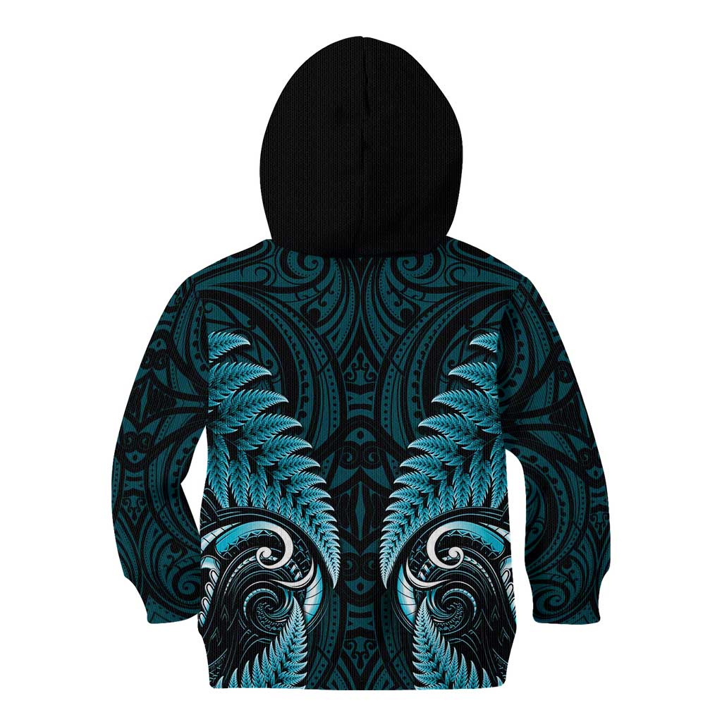 Aotearoa Pounamu Niho Kid Hoodie Silver Fern Mix Maori Pattern - Turquoise - Vibe Hoodie Shop