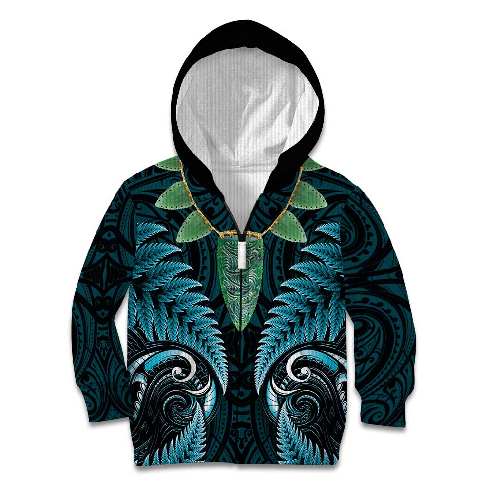 Aotearoa Pounamu Niho Kid Hoodie Silver Fern Mix Maori Pattern - Turquoise - Vibe Hoodie Shop