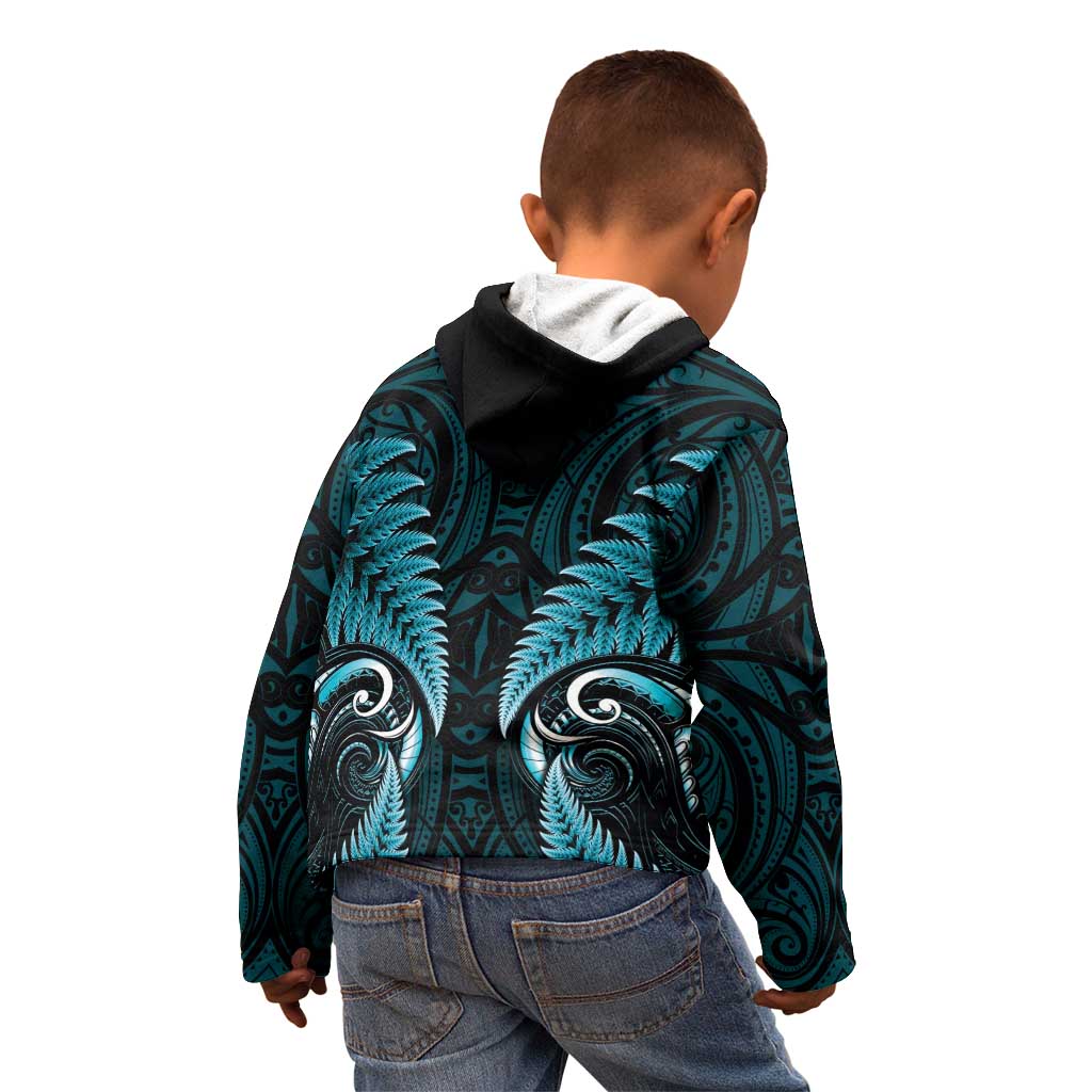 Aotearoa Pounamu Niho Kid Hoodie Silver Fern Mix Maori Pattern - Turquoise - Vibe Hoodie Shop