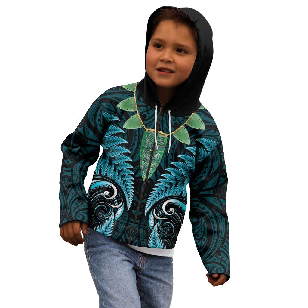 Aotearoa Pounamu Niho Kid Hoodie Silver Fern Mix Maori Pattern - Turquoise - Vibe Hoodie Shop