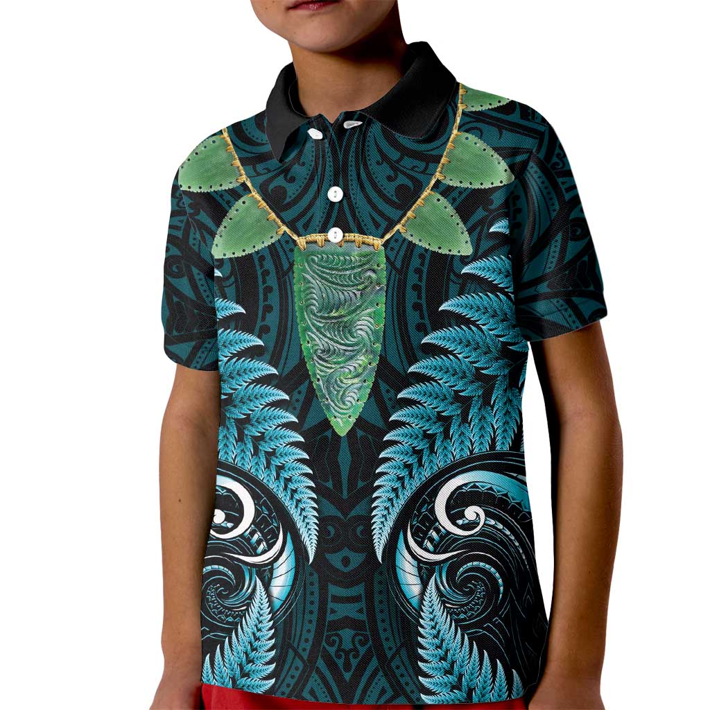 Aotearoa Pounamu Niho Kid Polo Shirt Silver Fern Mix Maori Pattern - Turquoise - Vibe Hoodie Shop