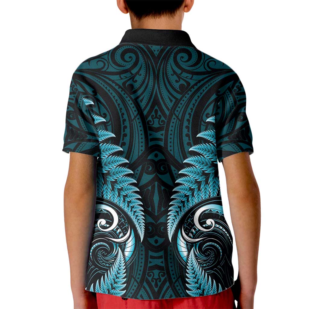 Aotearoa Pounamu Niho Kid Polo Shirt Silver Fern Mix Maori Pattern - Turquoise - Vibe Hoodie Shop