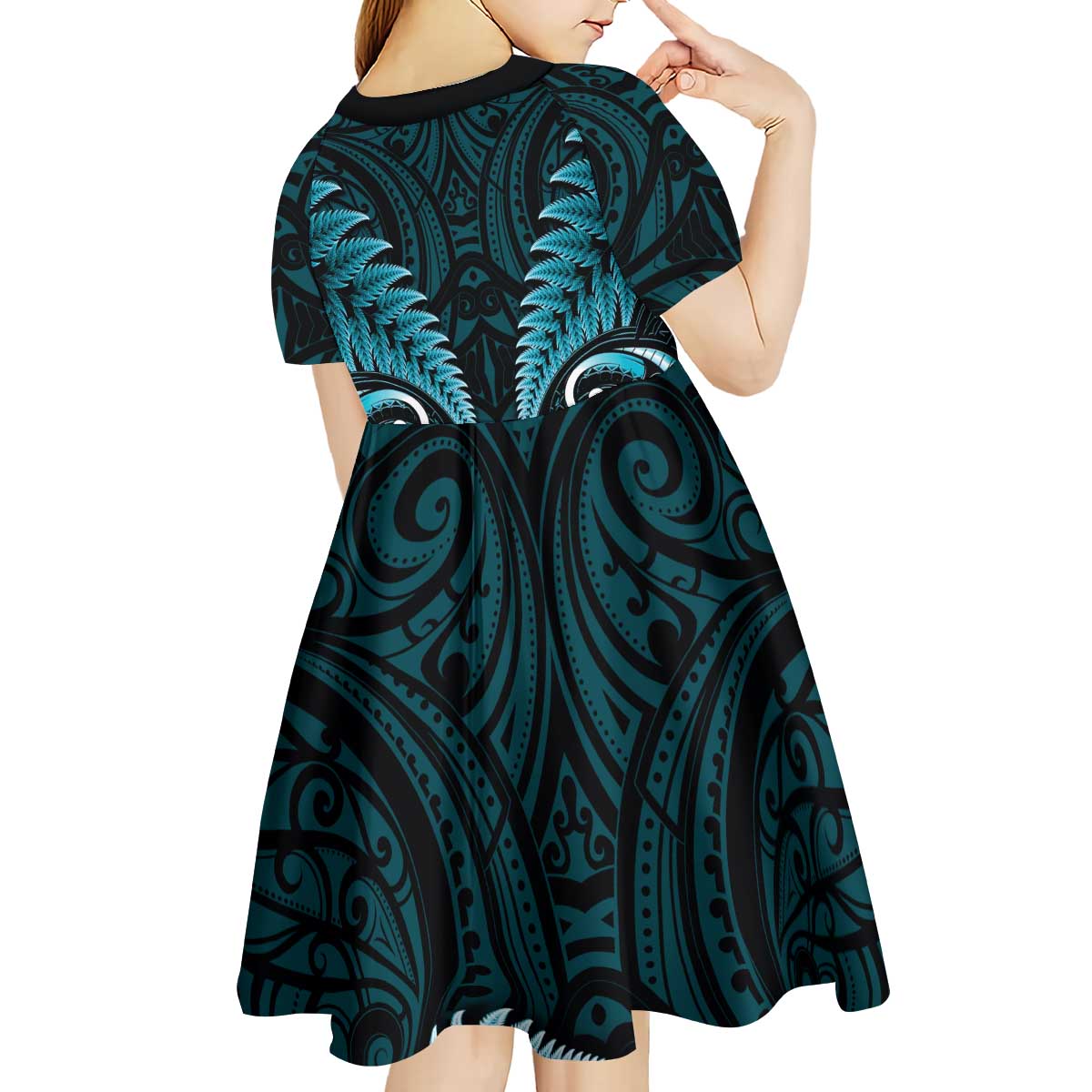 Aotearoa Pounamu Niho Kid Short Sleeve Dress Silver Fern Mix Maori Pattern - Turquoise - Vibe Hoodie Shop