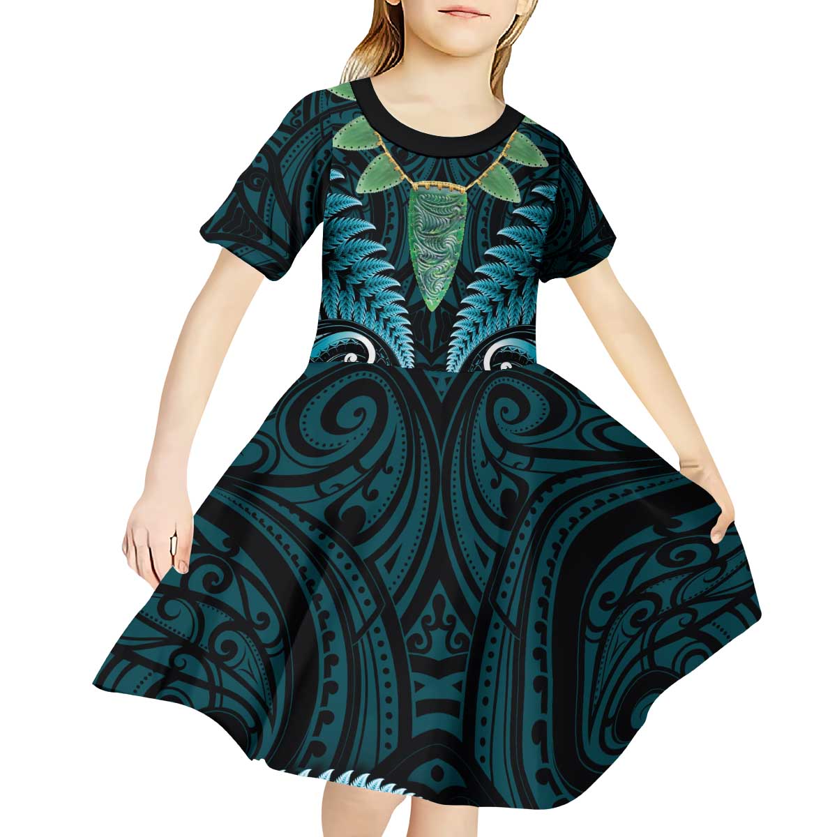 Aotearoa Pounamu Niho Kid Short Sleeve Dress Silver Fern Mix Maori Pattern - Turquoise - Vibe Hoodie Shop