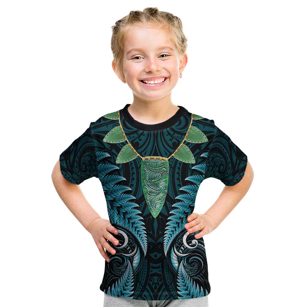 Aotearoa Pounamu Niho Kid T Shirt Silver Fern Mix Maori Pattern - Turquoise - Vibe Hoodie Shop