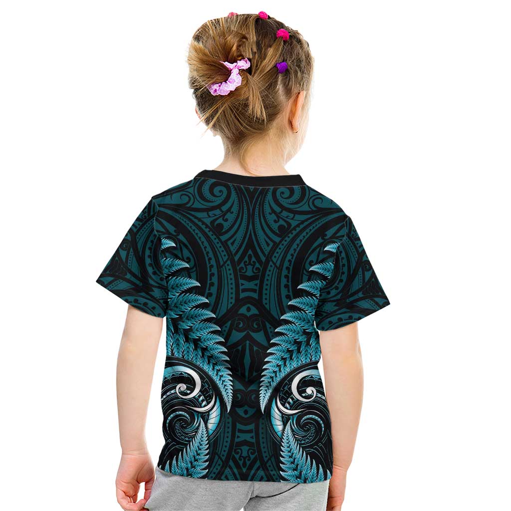 Aotearoa Pounamu Niho Kid T Shirt Silver Fern Mix Maori Pattern - Turquoise - Vibe Hoodie Shop