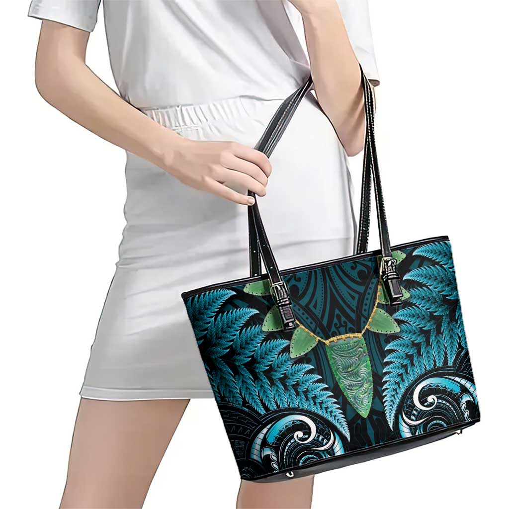 Aotearoa Pounamu Niho Leather Tote Bag Silver Fern Mix Maori Pattern - Turquoise