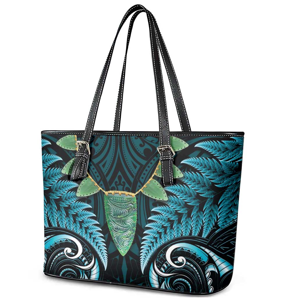 Aotearoa Pounamu Niho Leather Tote Bag Silver Fern Mix Maori Pattern - Turquoise