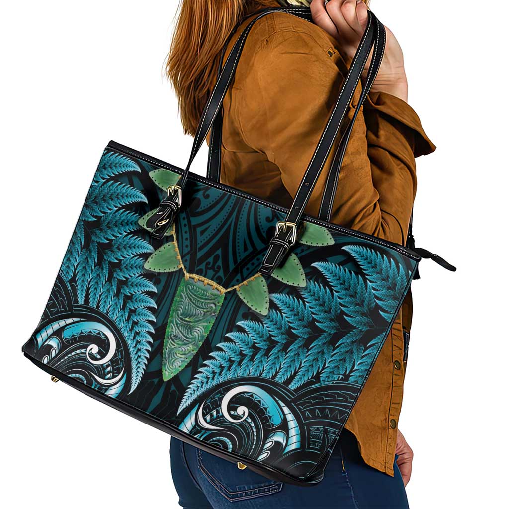 Aotearoa Pounamu Niho Leather Tote Bag Silver Fern Mix Maori Pattern - Turquoise