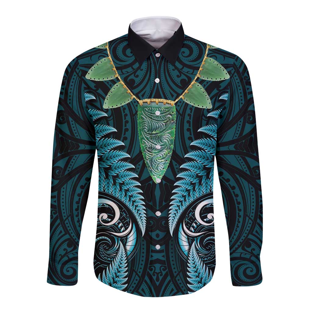 Aotearoa Pounamu Niho Long Sleeve Button Shirt Silver Fern Mix Maori Pattern - Turquoise - Vibe Hoodie Shop