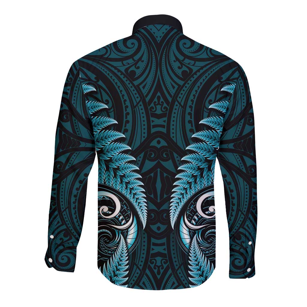 Aotearoa Pounamu Niho Long Sleeve Button Shirt Silver Fern Mix Maori Pattern - Turquoise - Vibe Hoodie Shop