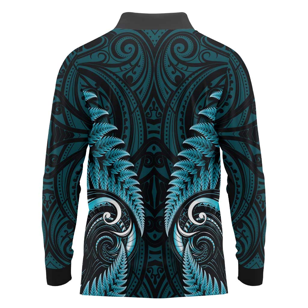 Aotearoa Pounamu Niho Long Sleeve Polo Shirt Silver Fern Mix Maori Pattern - Turquoise