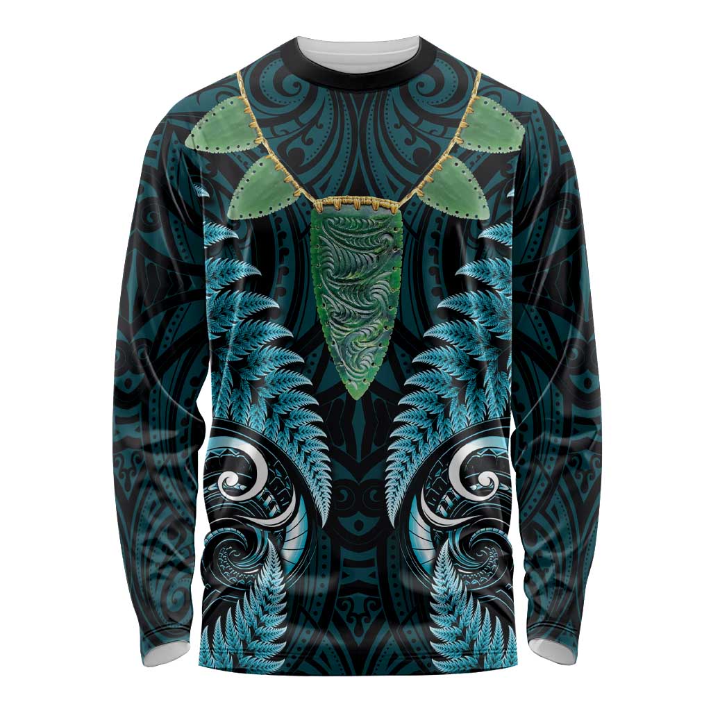 Aotearoa Pounamu Niho Long Sleeve Shirt Silver Fern Mix Maori Pattern - Turquoise - Vibe Hoodie Shop