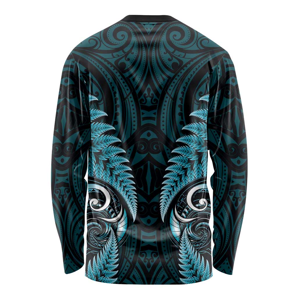 Aotearoa Pounamu Niho Long Sleeve Shirt Silver Fern Mix Maori Pattern - Turquoise - Vibe Hoodie Shop