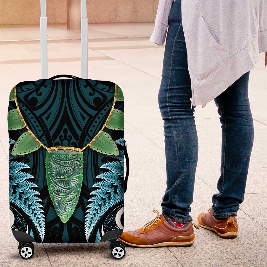 Aotearoa Pounamu Niho Luggage Cover Silver Fern Mix Maori Pattern - Turquoise - Vibe Hoodie Shop