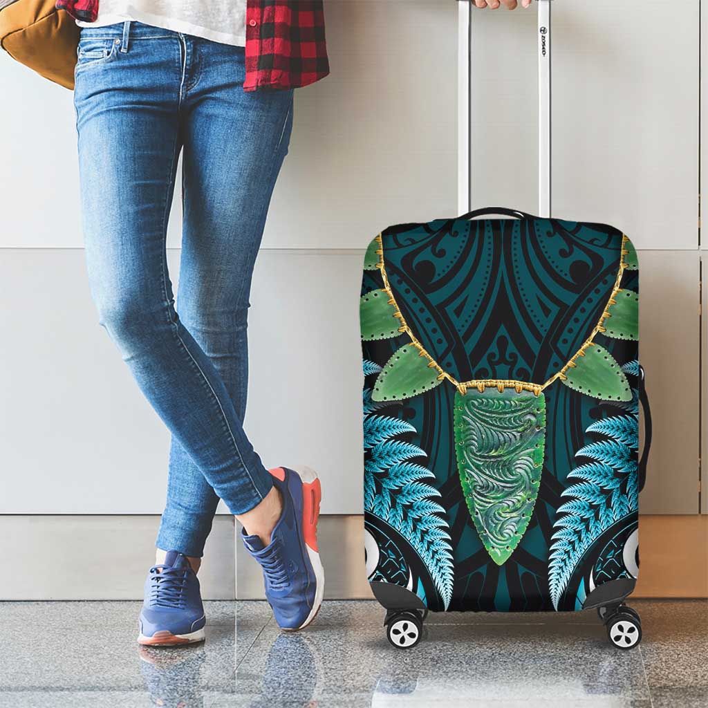 Aotearoa Pounamu Niho Luggage Cover Silver Fern Mix Maori Pattern - Turquoise - Vibe Hoodie Shop