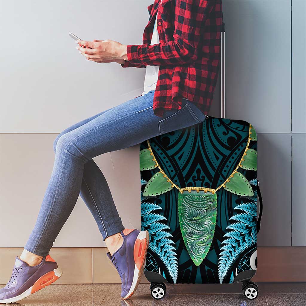 Aotearoa Pounamu Niho Luggage Cover Silver Fern Mix Maori Pattern - Turquoise - Vibe Hoodie Shop